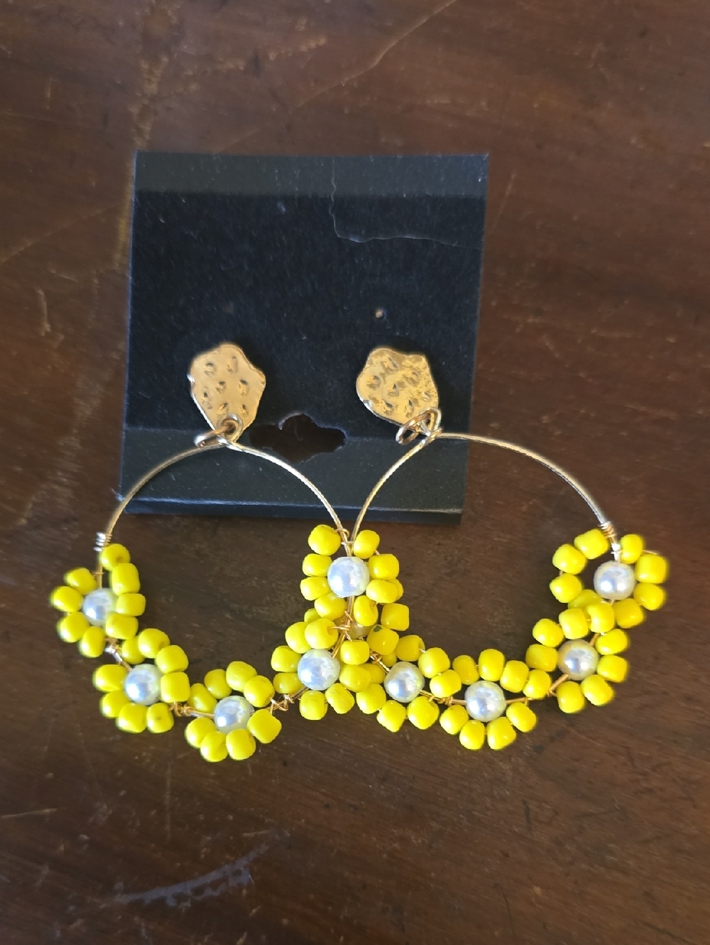 Yellow Beaded Flower Hoop Earrings - Women Jewelry